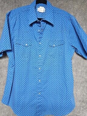 Wrangler Wrancher Western Shirt Men XL Blue Paisley Pearl Snap Short Sleeve